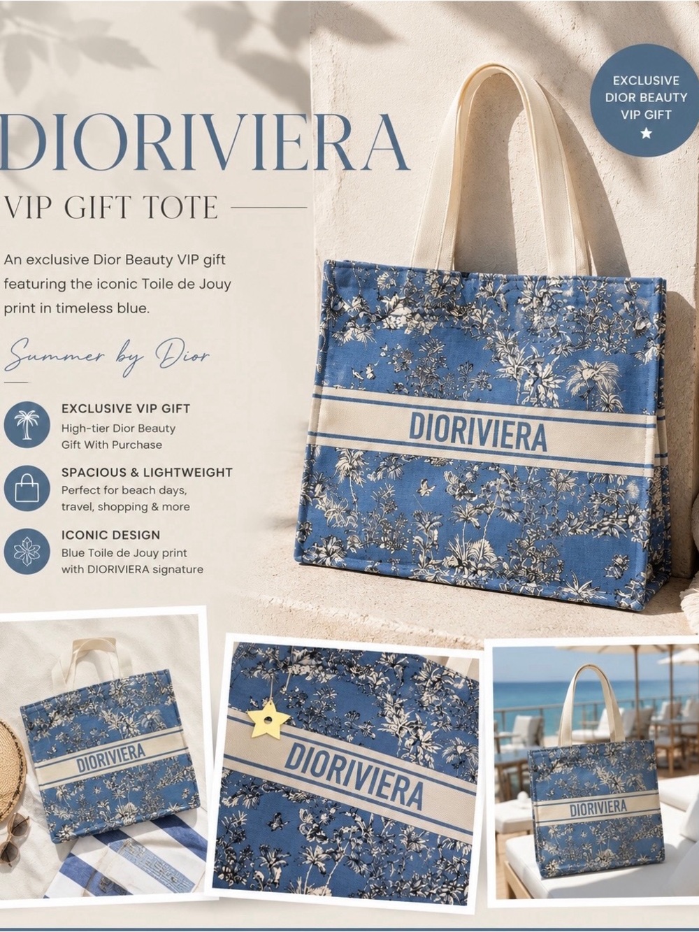 Christian Dior Dioriviera VIP Gift Tote Blue Toile de Jouy Beach Bag NIP